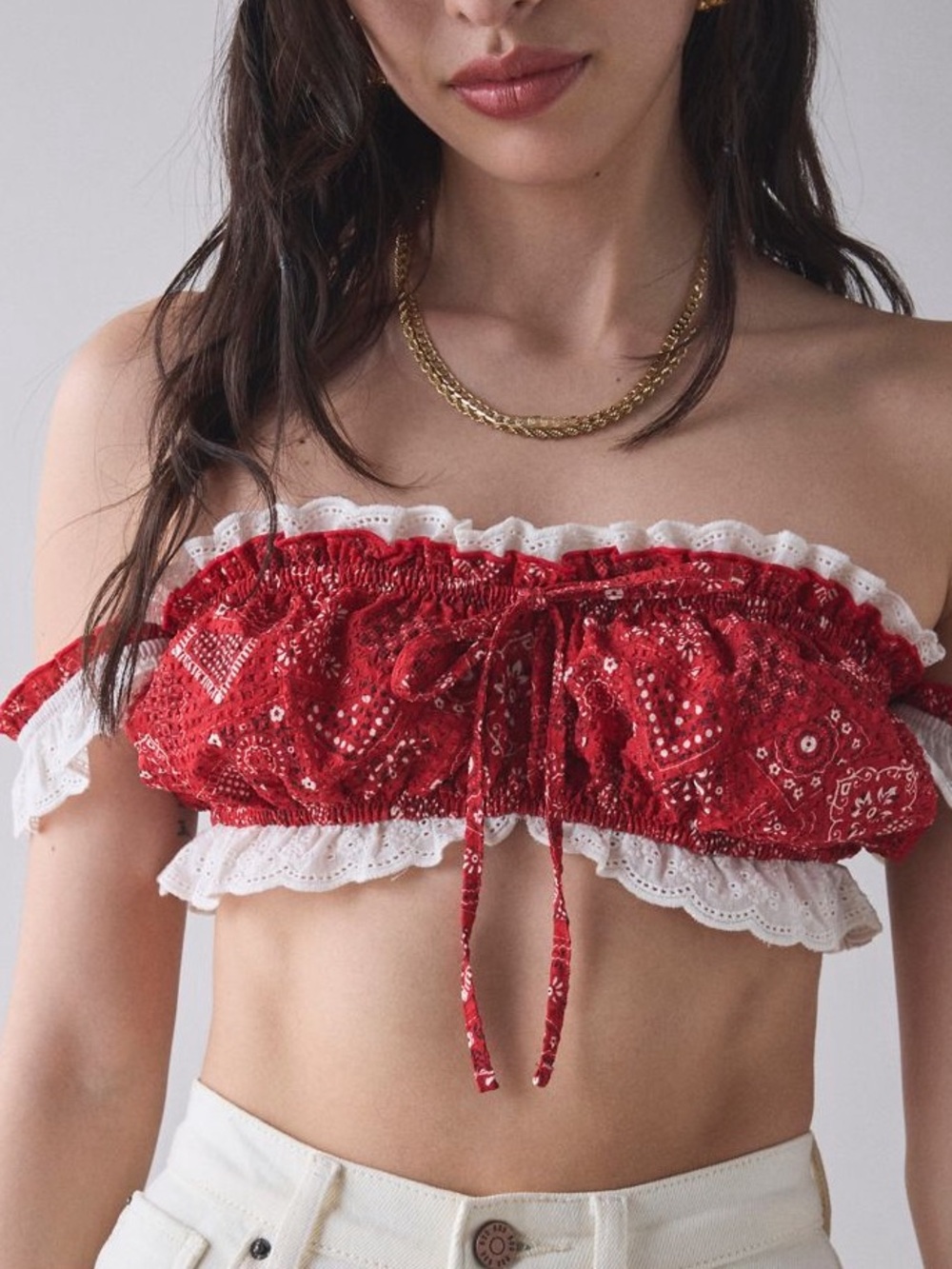 Urban Outfitters Red Bandana-Print Off-Shoulder Crop Top with White Eyelet Trim